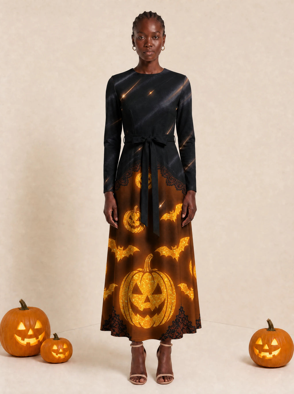 "Mwako" Halloween Long Sleeve Midaxi Dress — front view on model