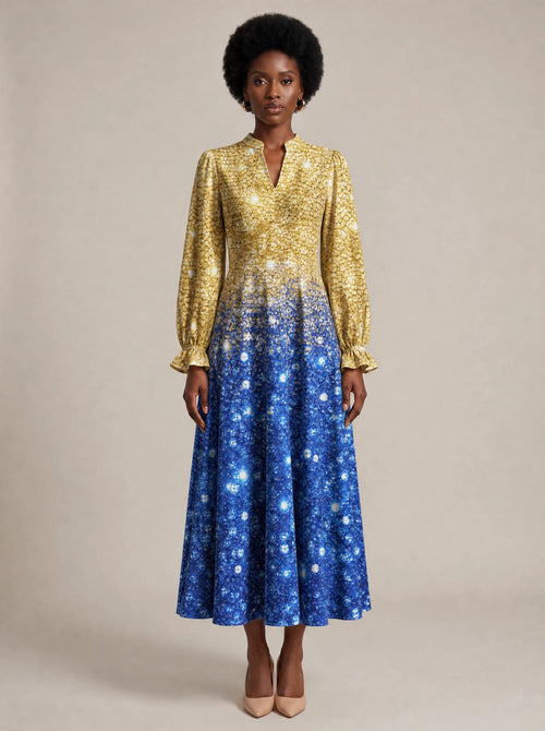 "Angaza" Long Puff Sleeve Dress — front view on model