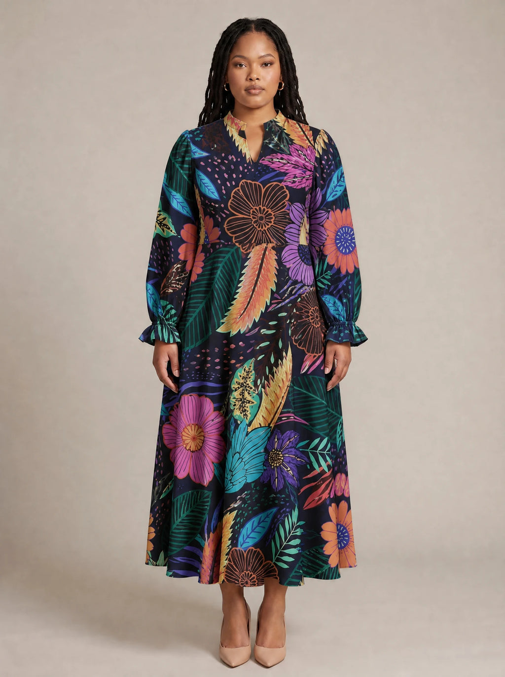 "Bustani" Long Puff Sleeve Dress — front view on model