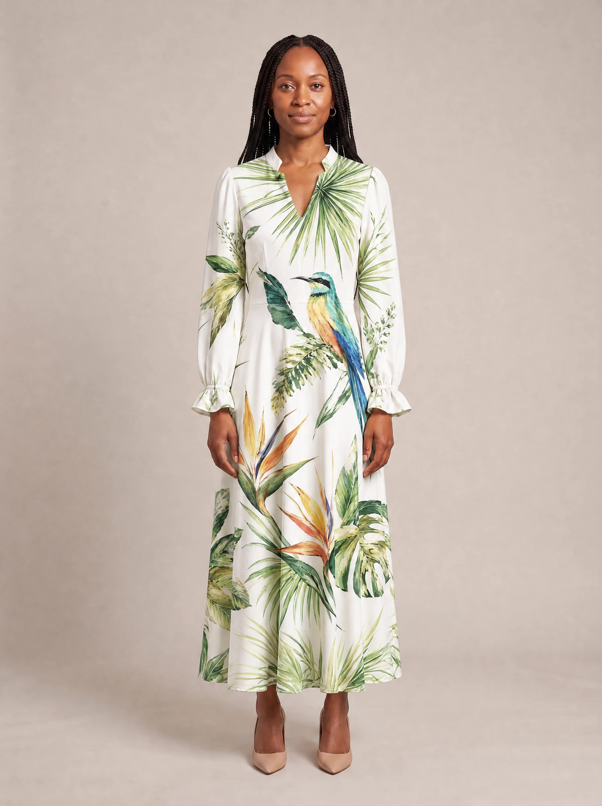 "Ndege" Long Puff Sleeve Dress — front view on model