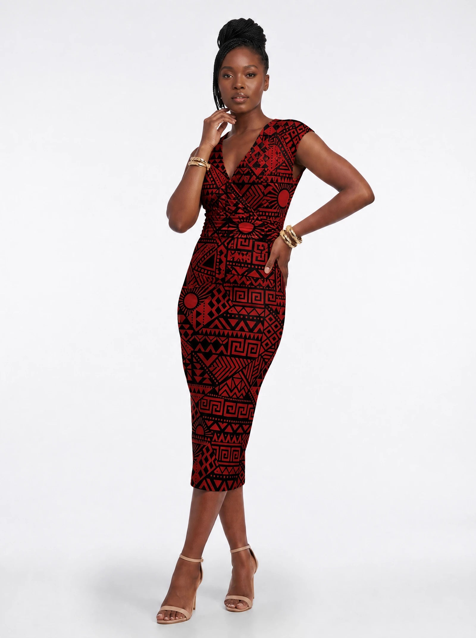 "Shaka Burgundy" Cap Sleeve Midi Dress — front view on model