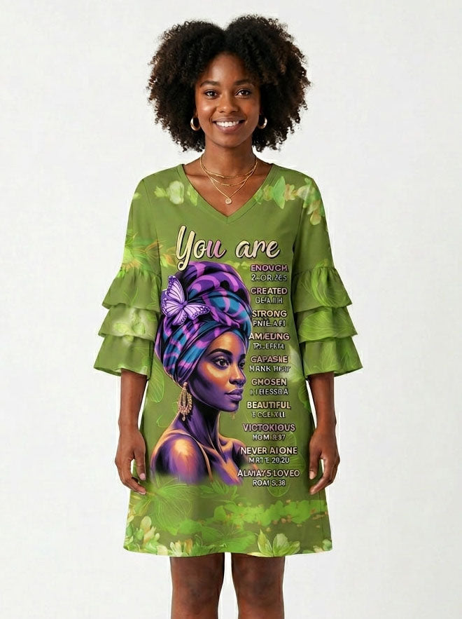 Green Orchid Stacked Ruffle Sleeve Dress