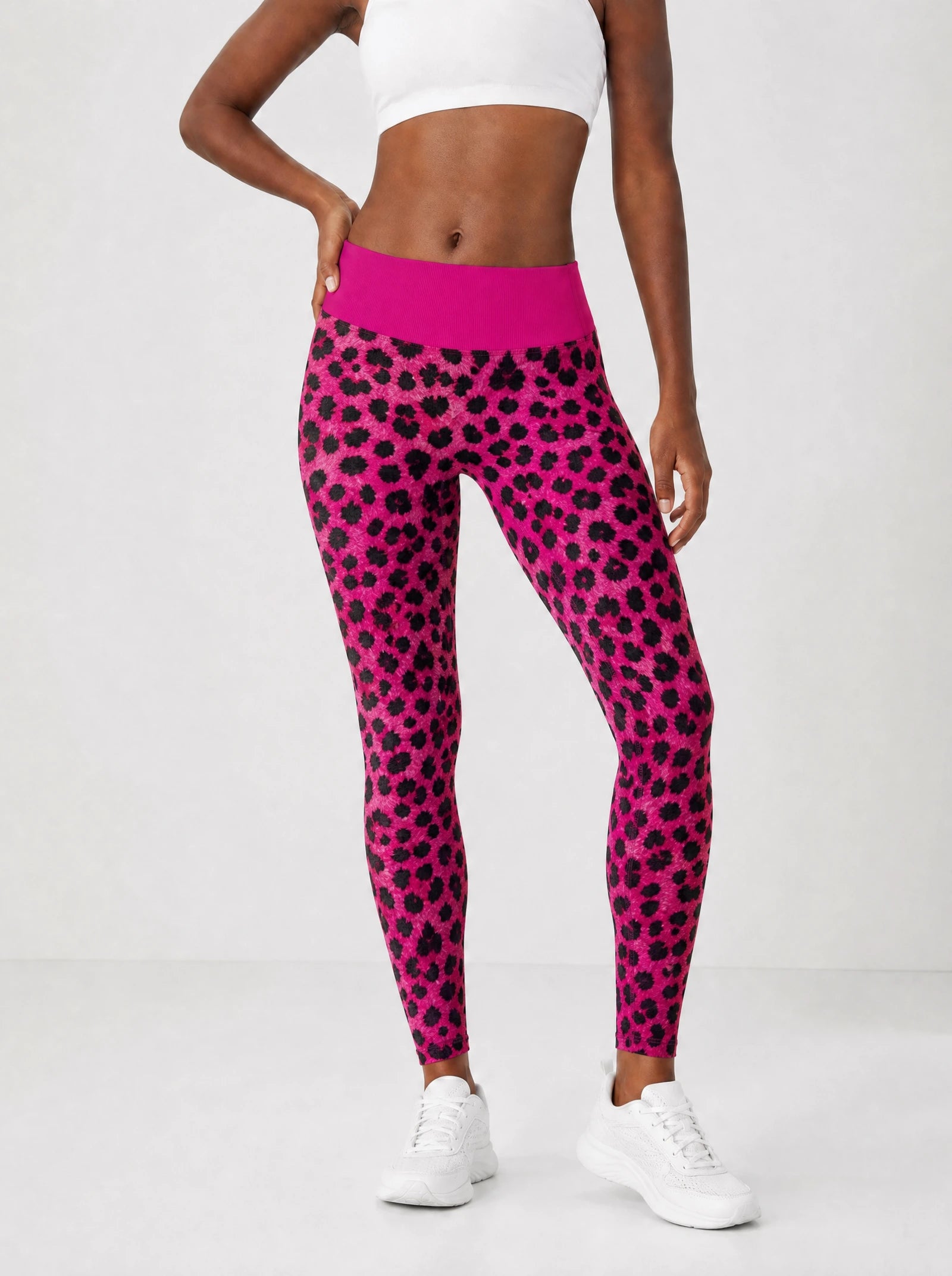 "Unstoppable" Pink Leopard Leggings — front view on model