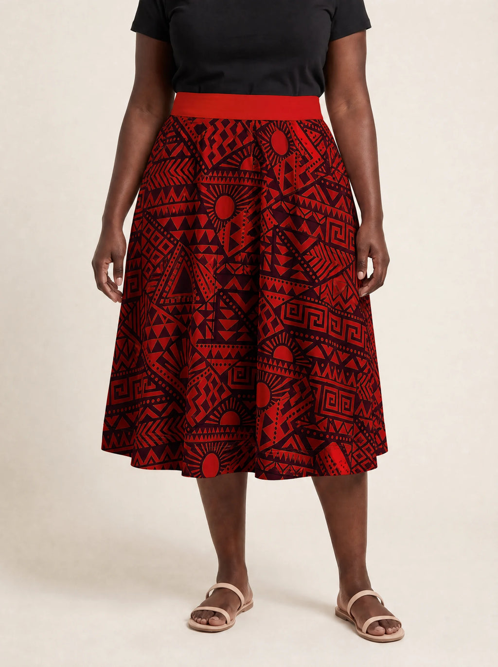 "Shaka Burgundy" Twirl Skirt — cropped front view on model