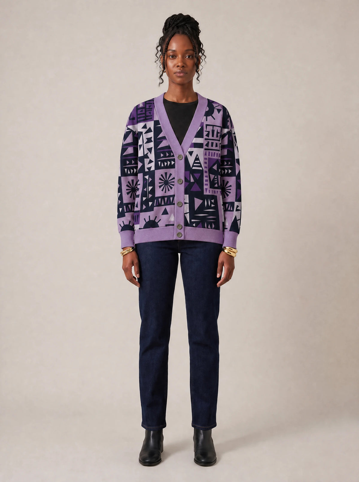 "Lavenda" Cardigan — front view on model