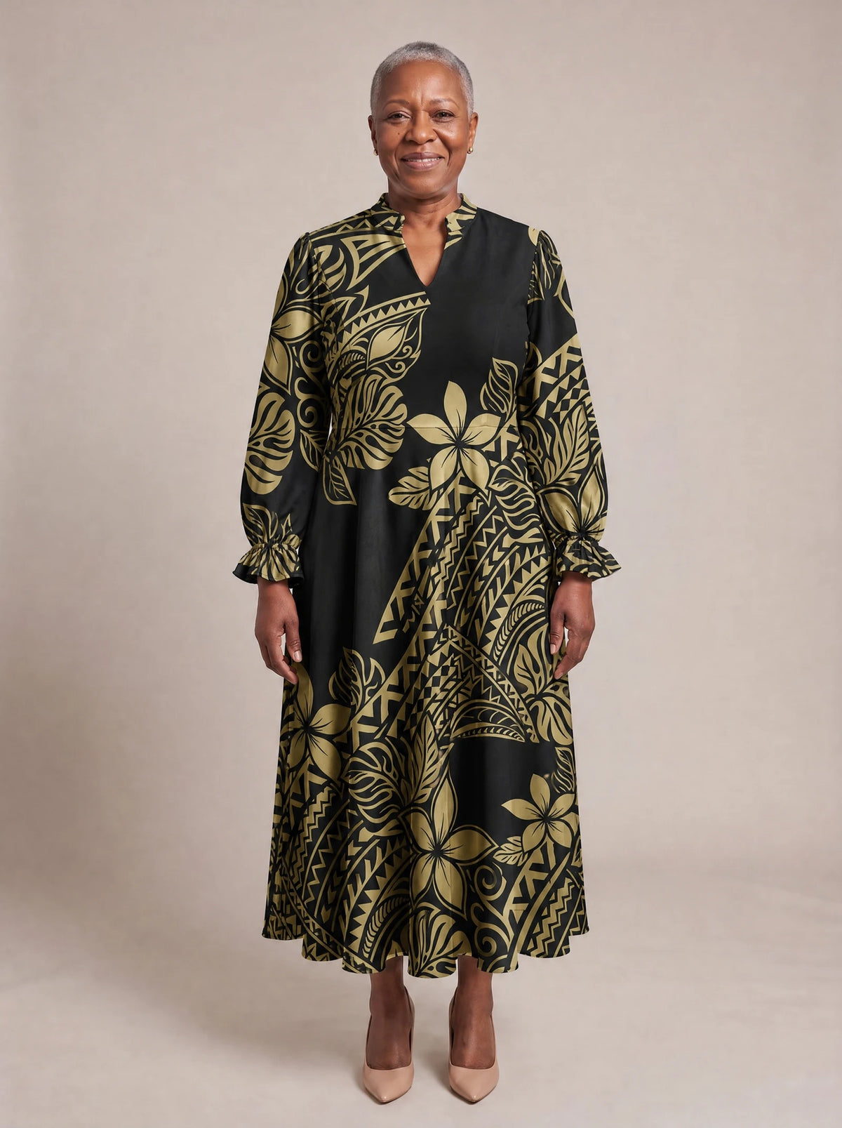 "Pualani" Long Puff Sleeve Dress — front view on model