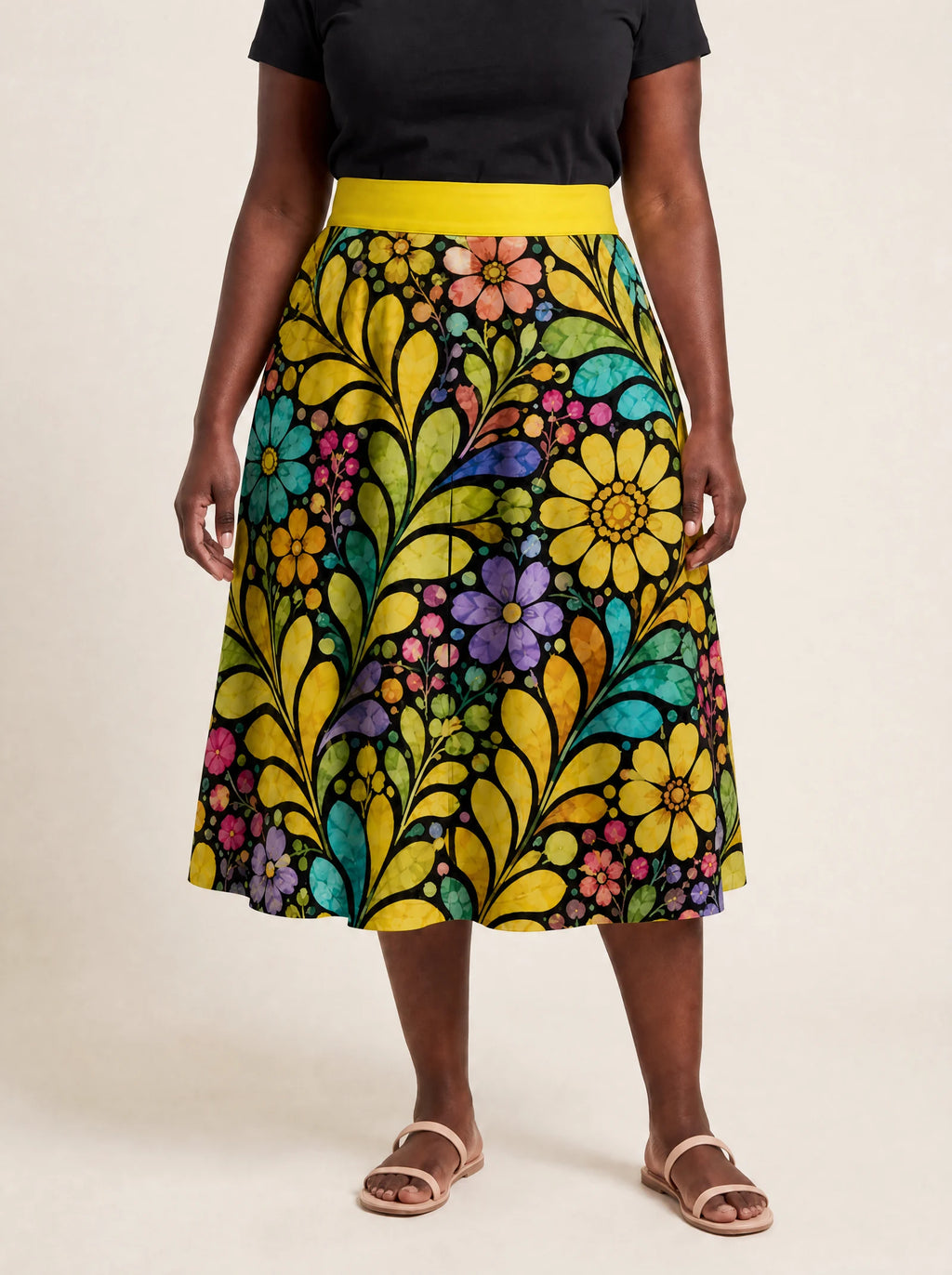 "Njano" Twirl Skirt — front view on model