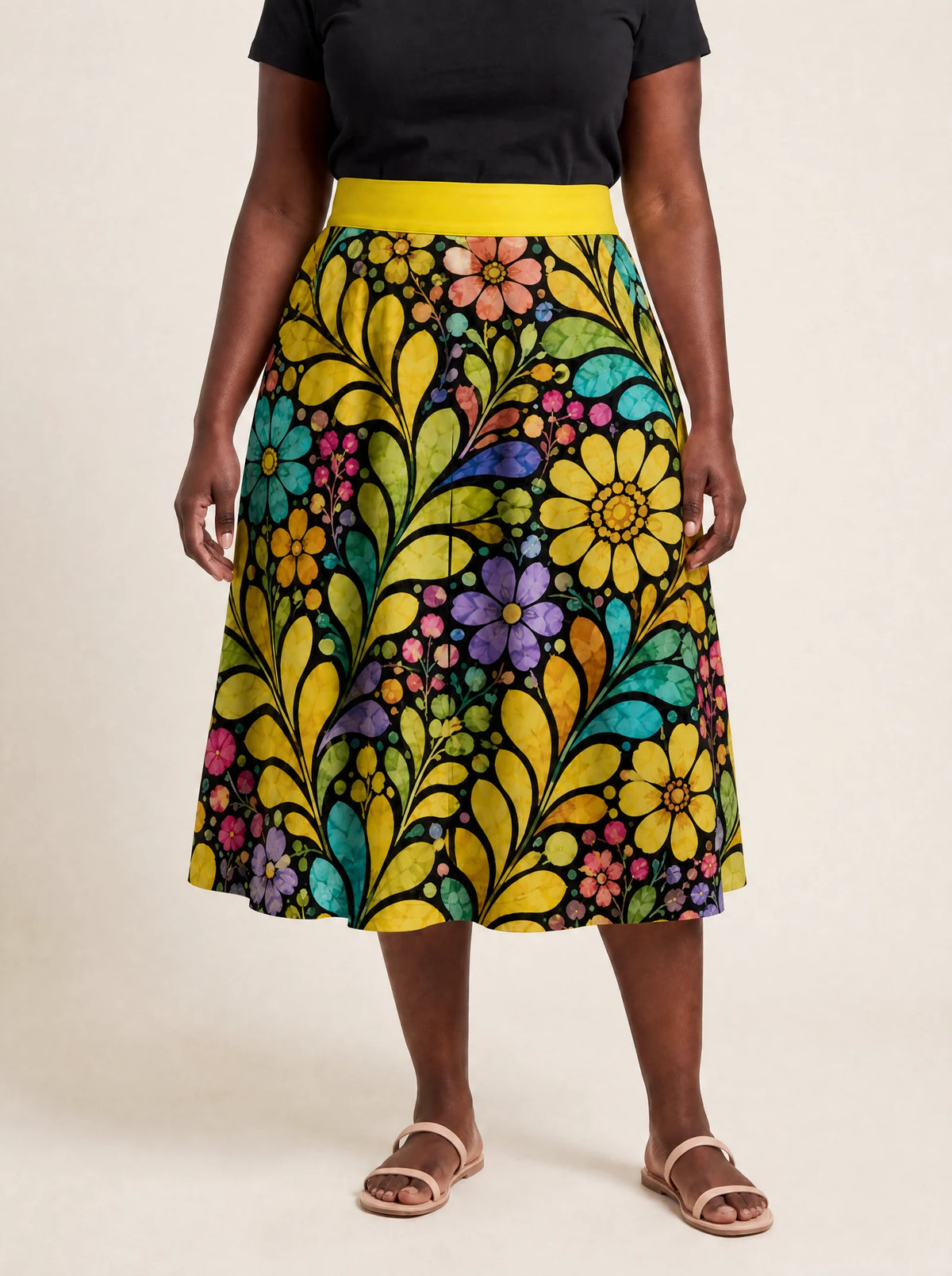"Njano" Twirl Skirt — front view on model