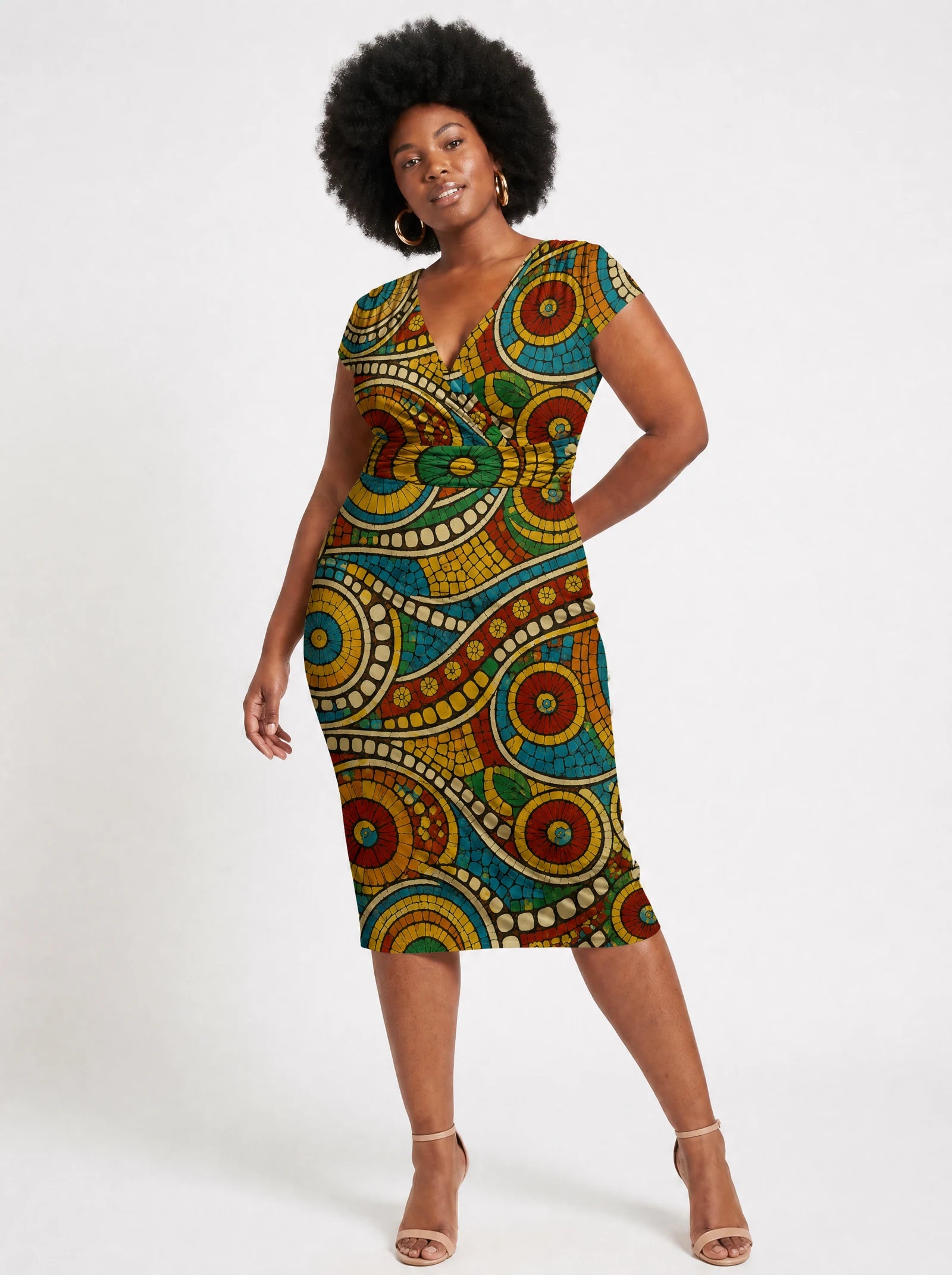 "Taji" Cap Sleeve Midi Dress — front view on model