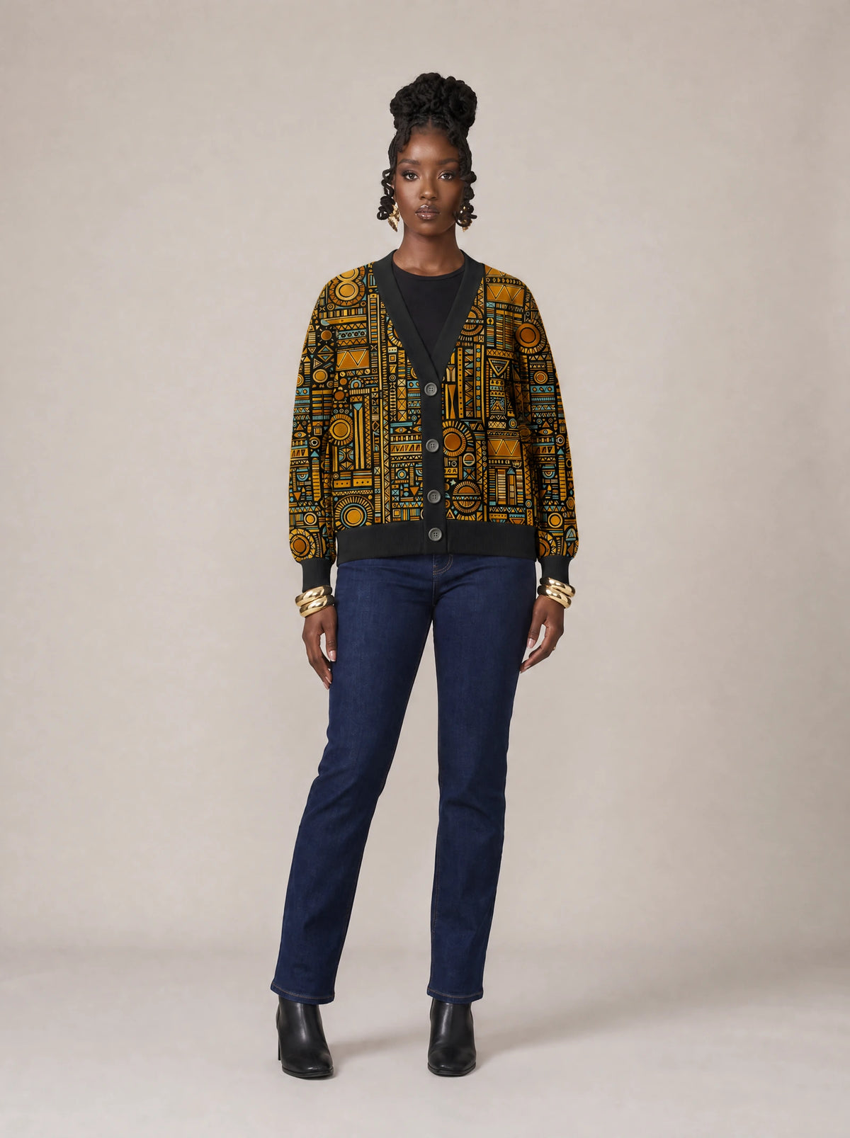 "Afrocentric Pattern" Cardigan — front view on model