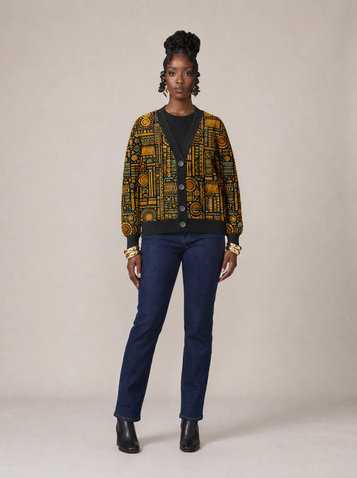 "Afrocentric Pattern" Cardigan — front view on model