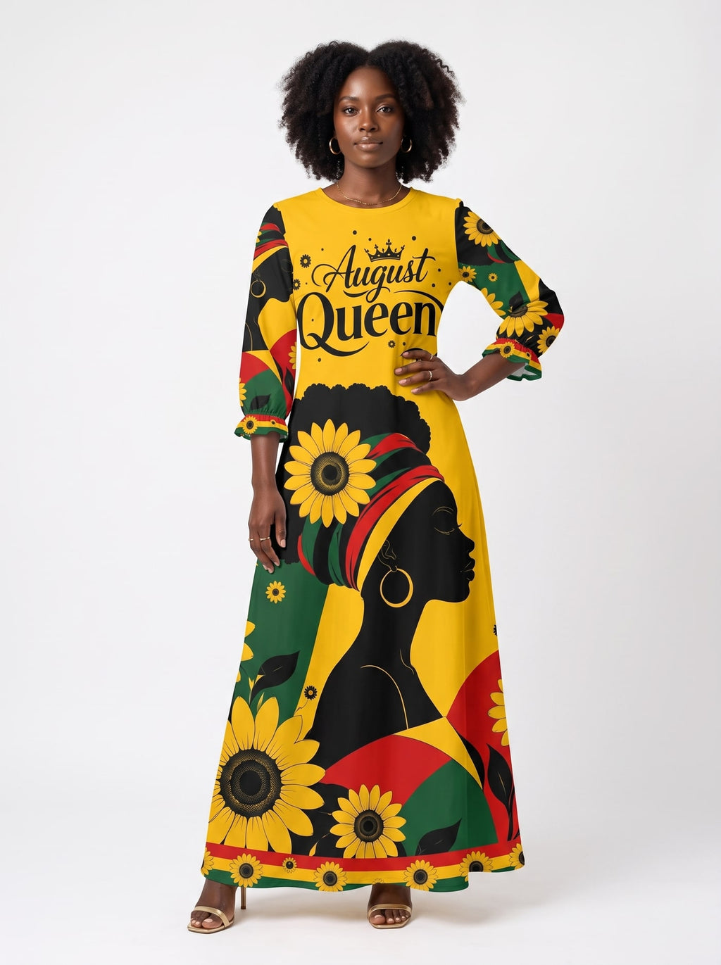 "August Queen Sunflower" Long Sleeve Maxi Dress