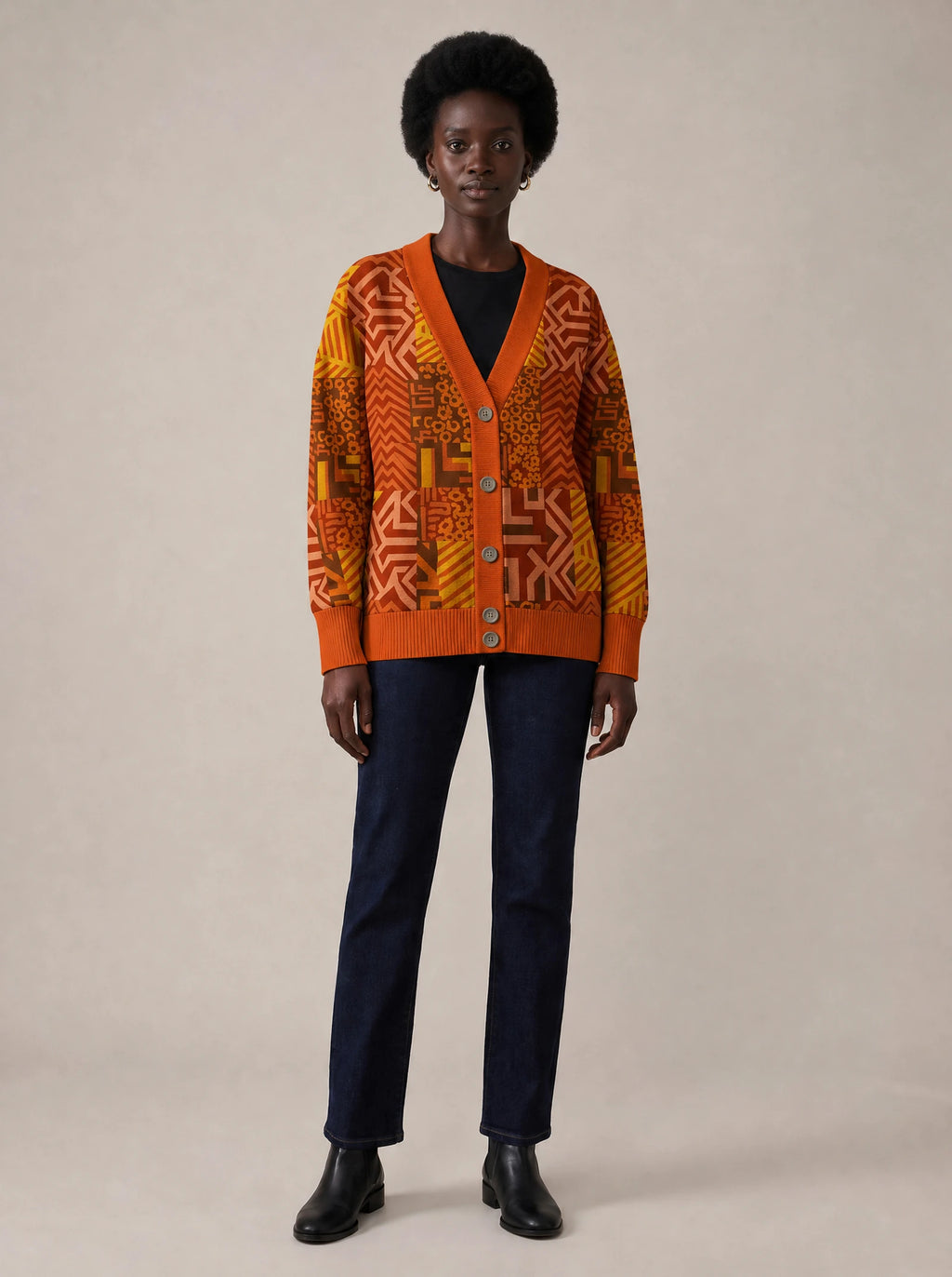 "Viraka" Knitted Cardigan — front view on model