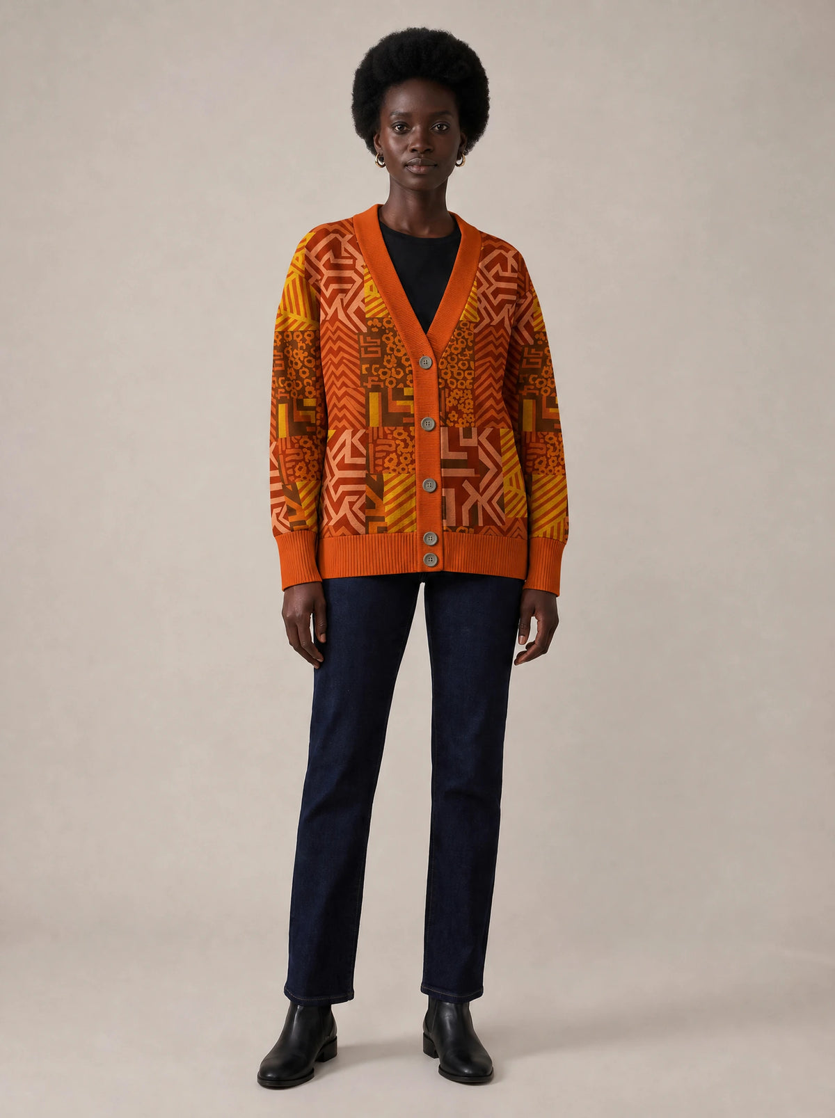 "Viraka" Knitted Cardigan — front view on model