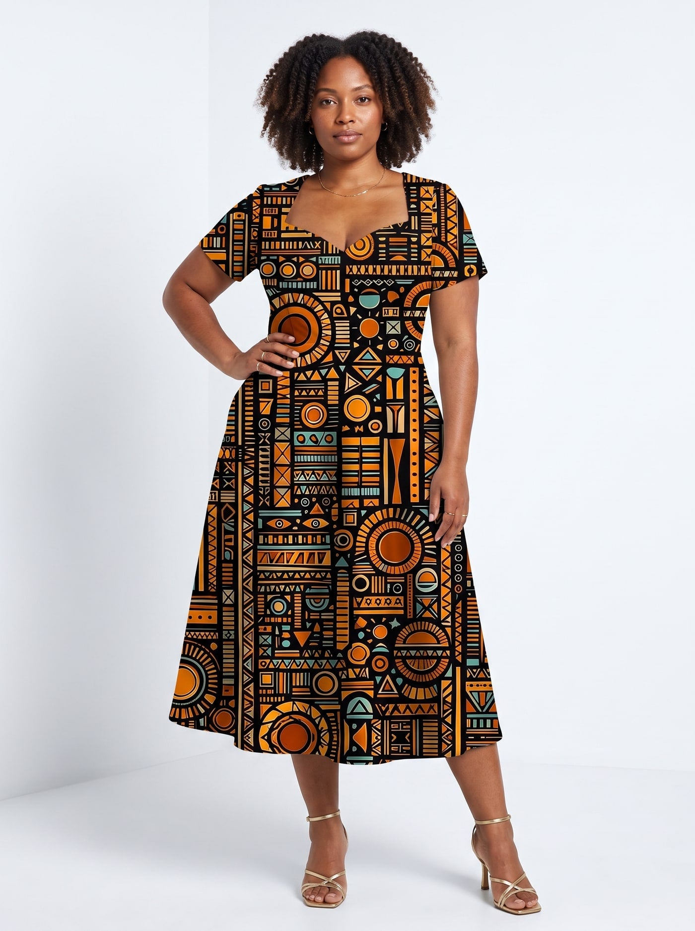 "Afrocentric Pattern" Sweetheart Midi Dress