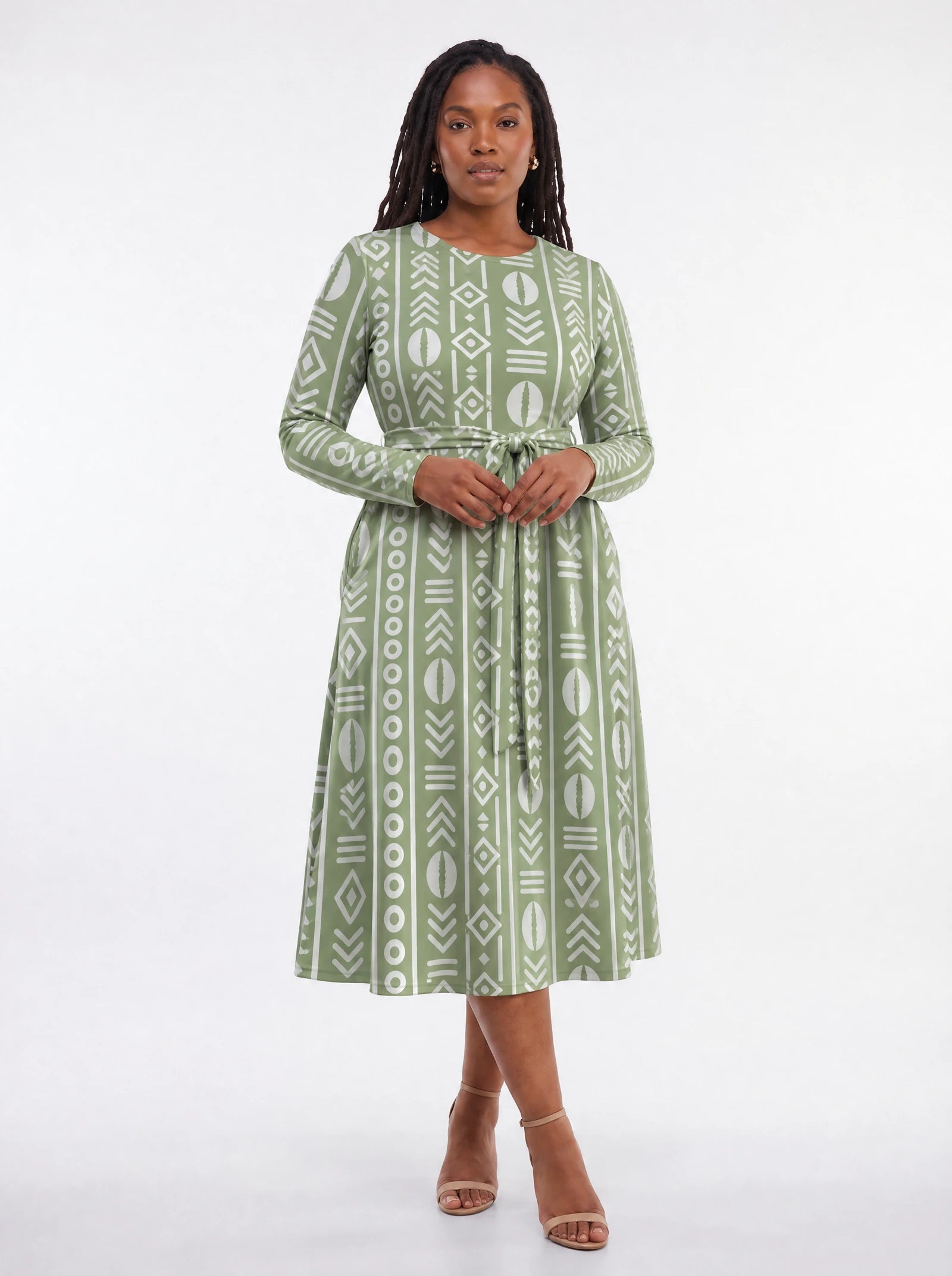 "Oshun Verde" Viscose Midi Dress — front view on model