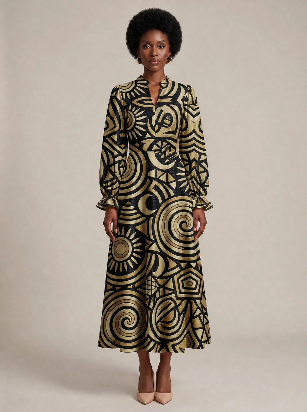 "Sahara" Long Puff Sleeve Dress — front view on model