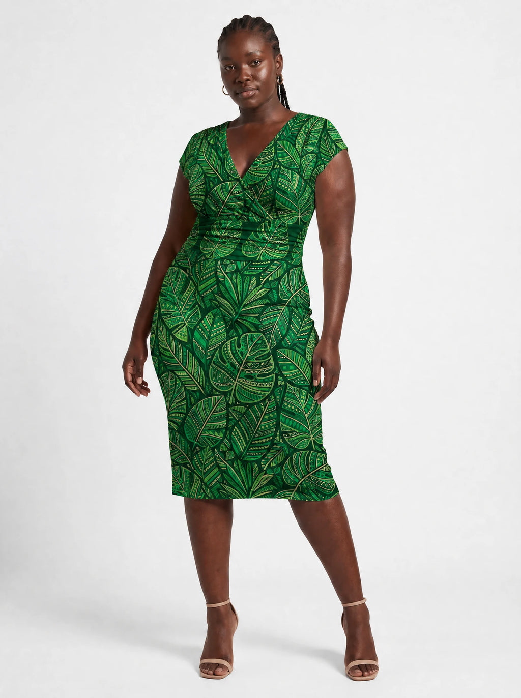 "Asili Emerald" Cap Sleeve Midi Dress — front view on model