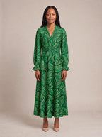 "Asili" Emerald Long Puff Sleeve Dress — front view on model