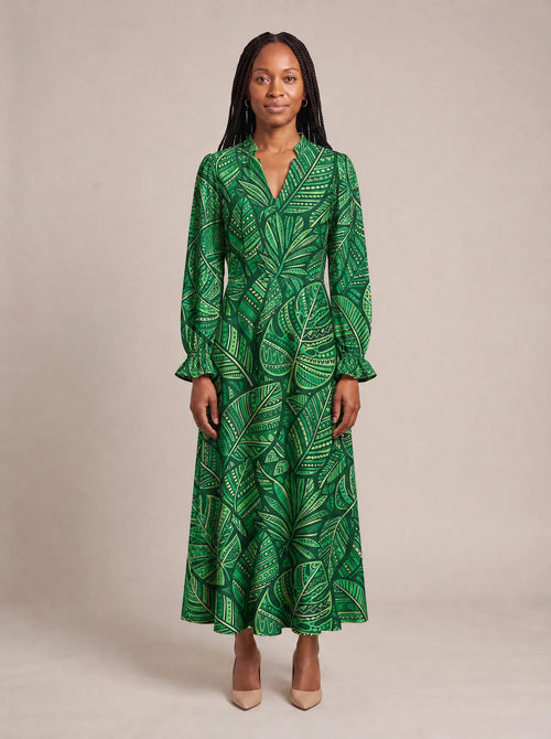"Asili" Emerald Long Puff Sleeve Dress — front view on model