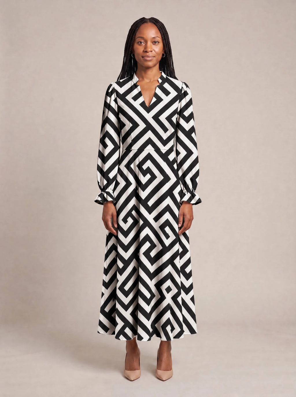 "Zamu" Long Puff Sleeve Dress — front view on model