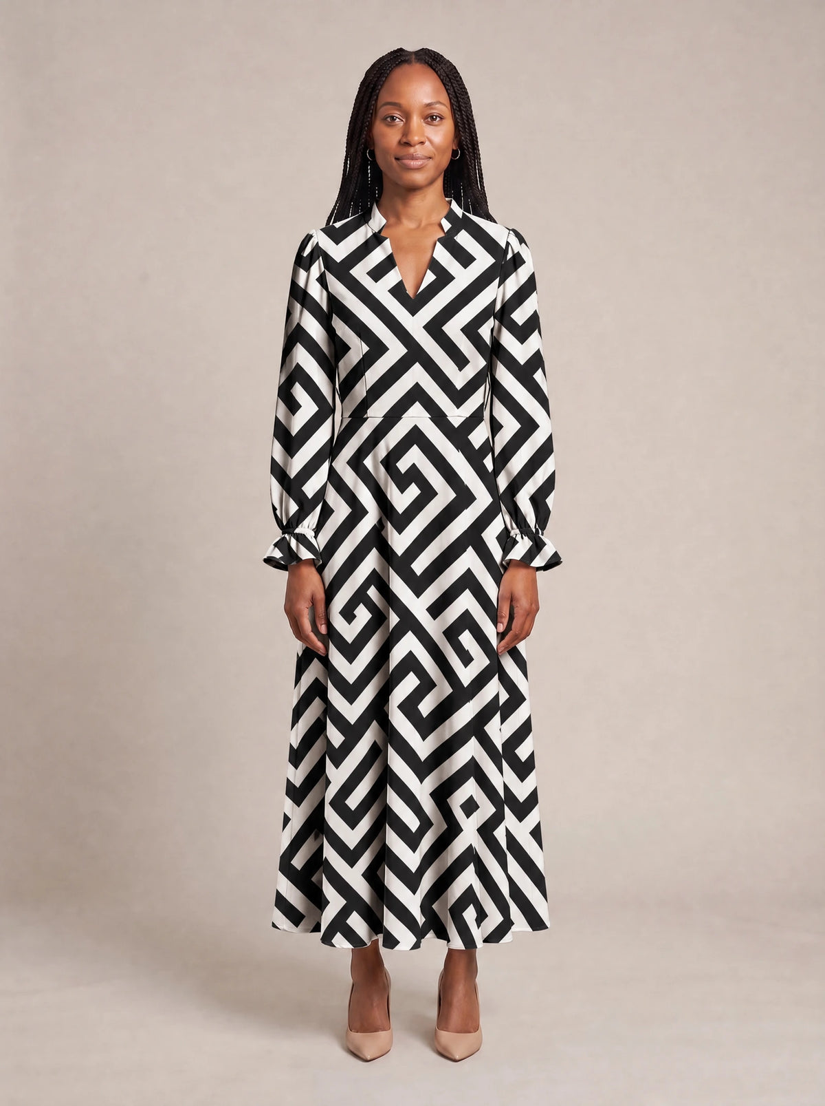 "Zamu" Long Puff Sleeve Dress — front view on model
