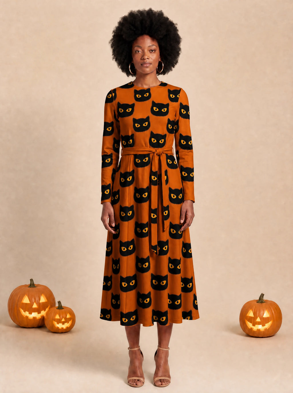"Paka" Halloween Long Sleeve Midaxi Dress — front view on model