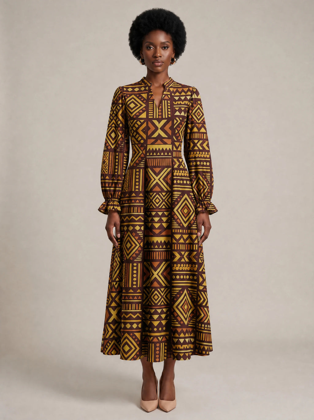"Mudcloth" Long Puff Sleeve Dress — front view on model