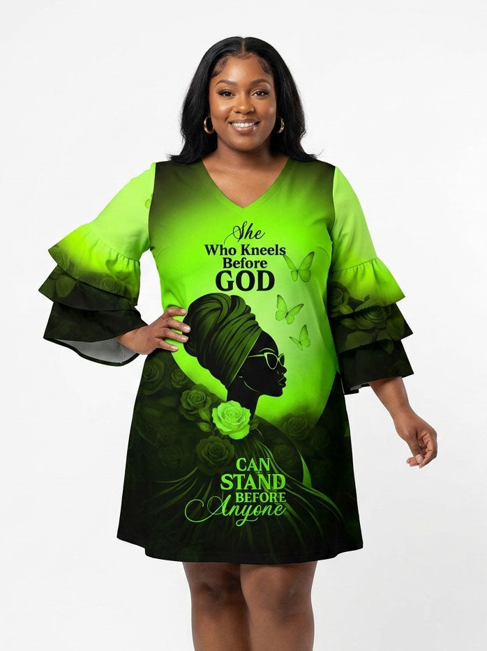 "Selah" Green Stacked Ruffle Sleeve Dress