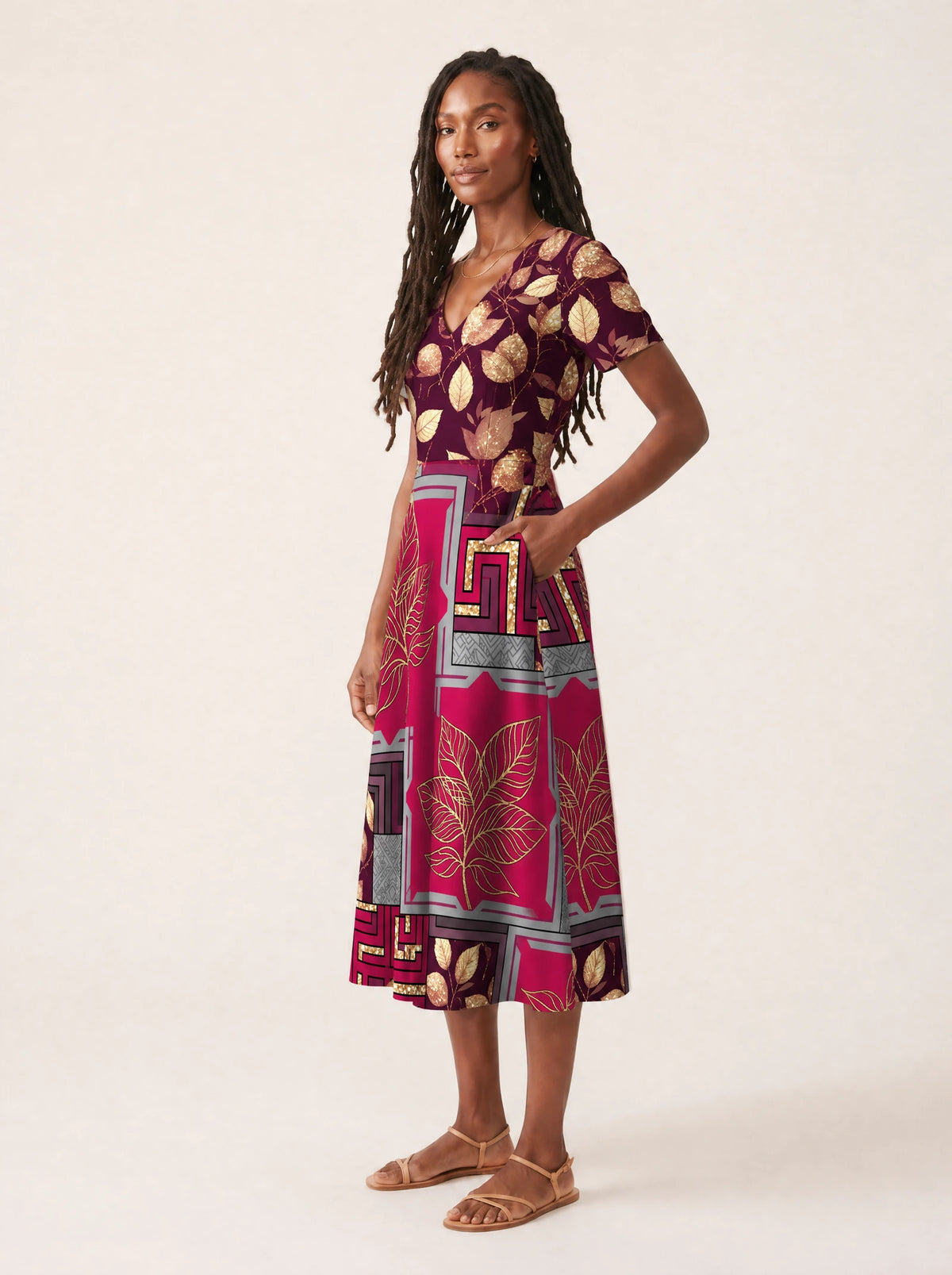 "Vuli" V Neck Midi Dress — full body