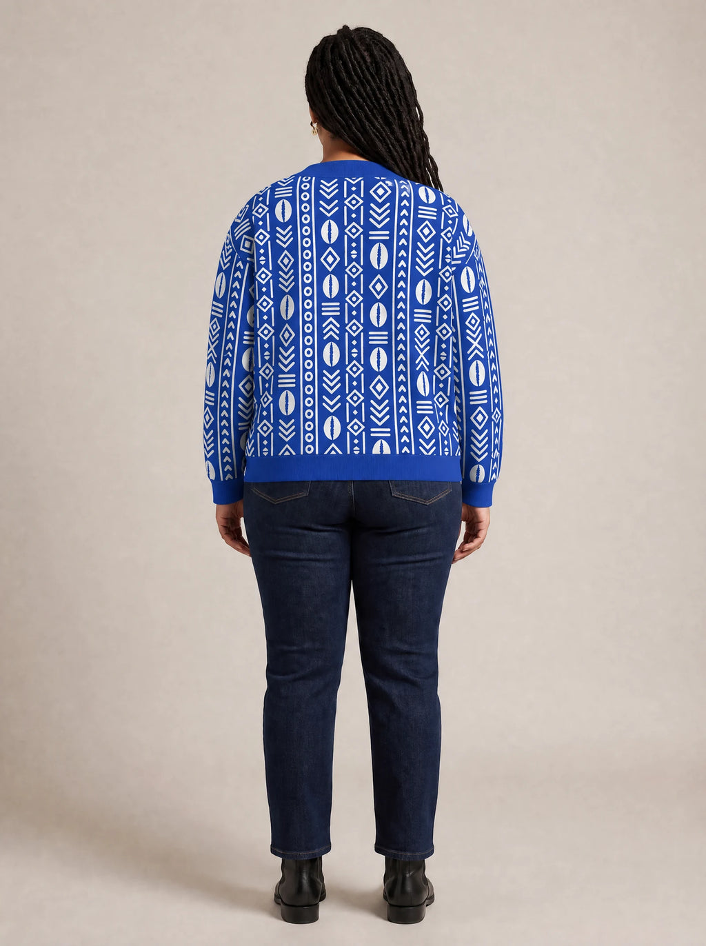 "Oshun Royal Blue" Cardigan — back view on model