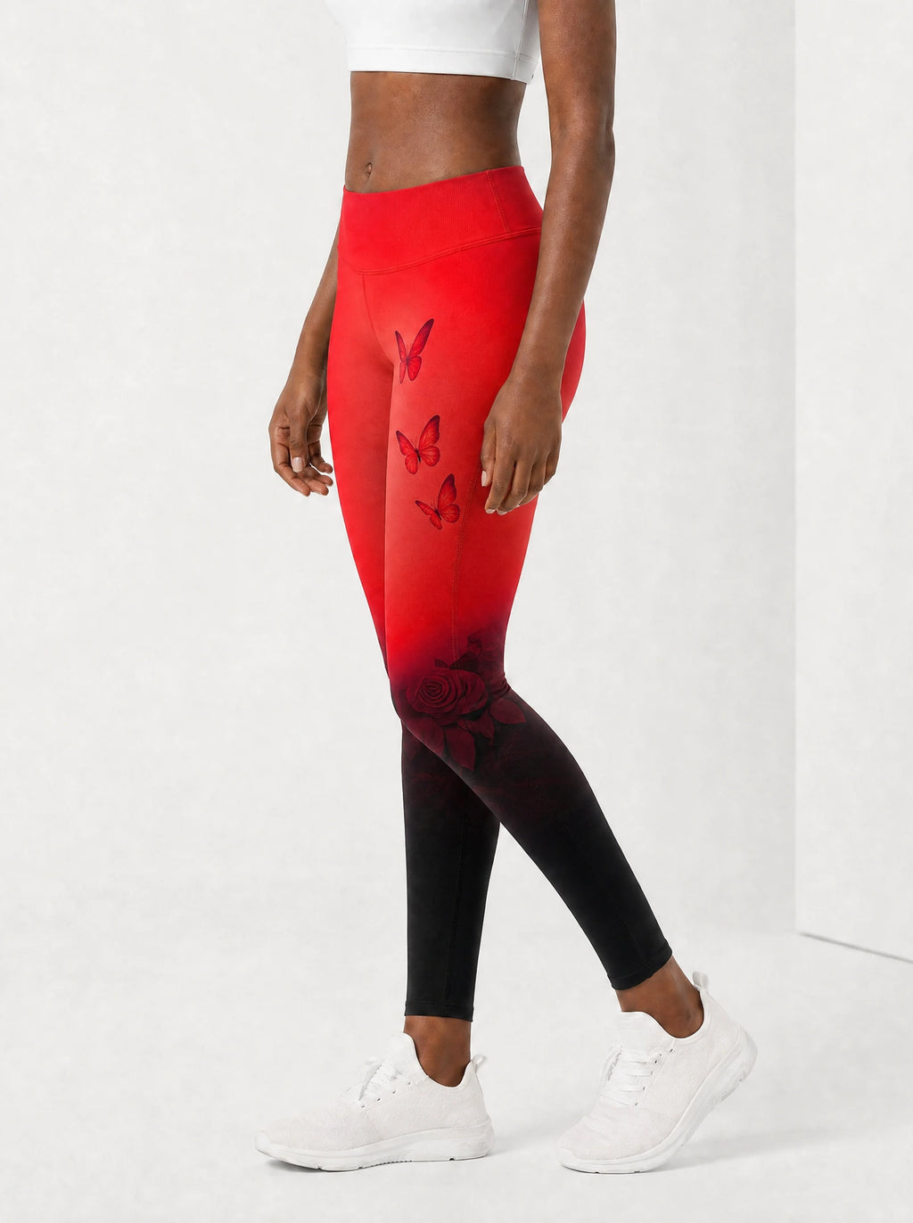 "Selah" Red Leggings — side view on model