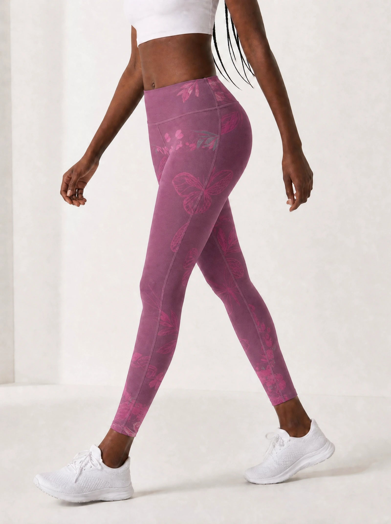 Pink Orchid Leggings — side view on model