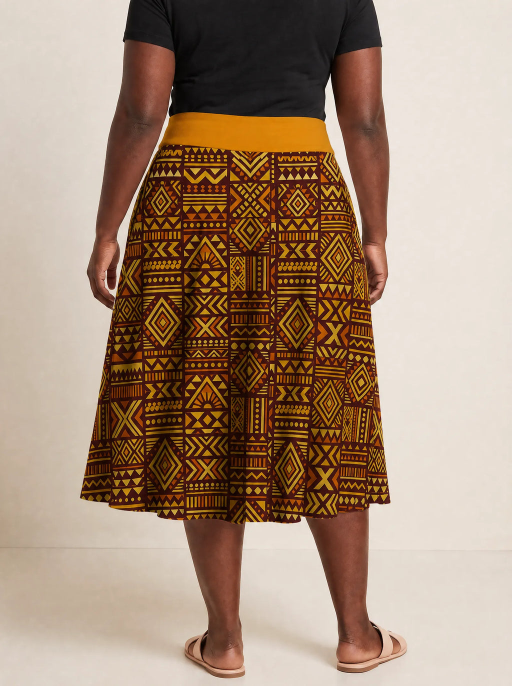 "Mudcloth" Twirl Skirt — cropped back view on model
