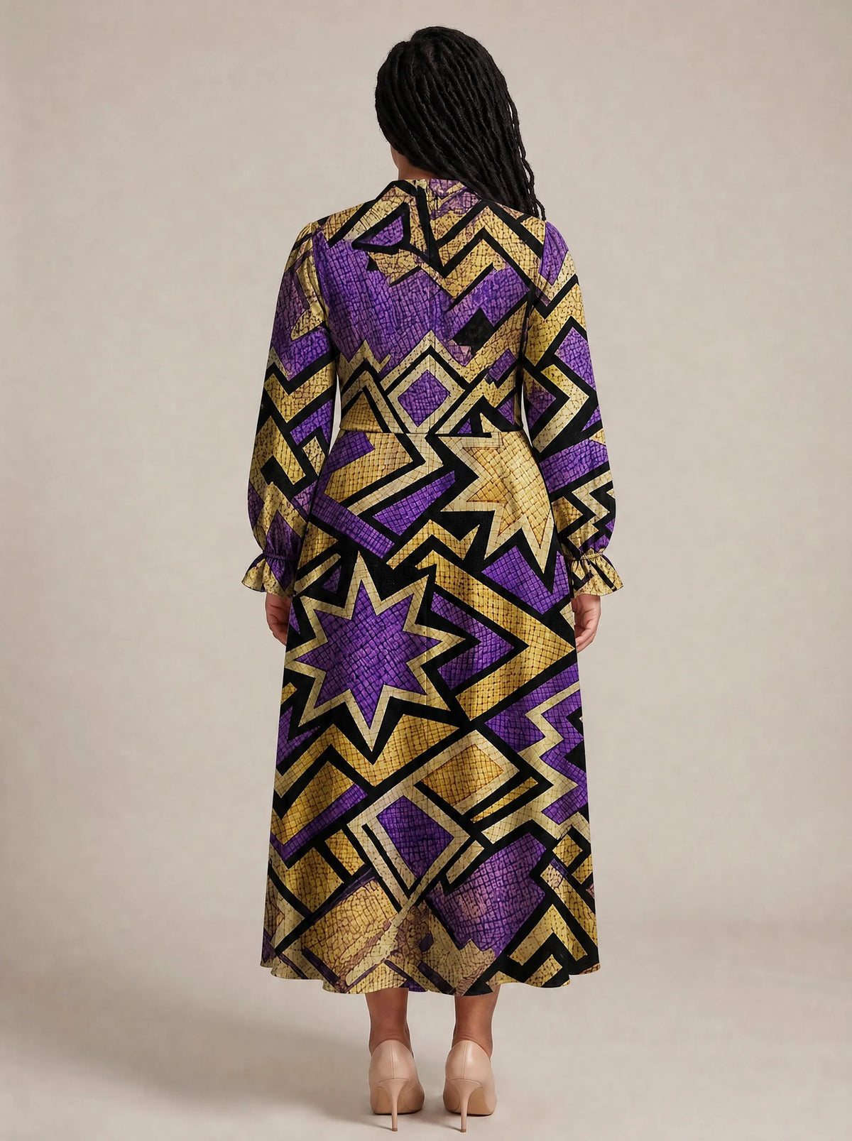 "Sheba" Long Puff Sleeve Dress — back view on model