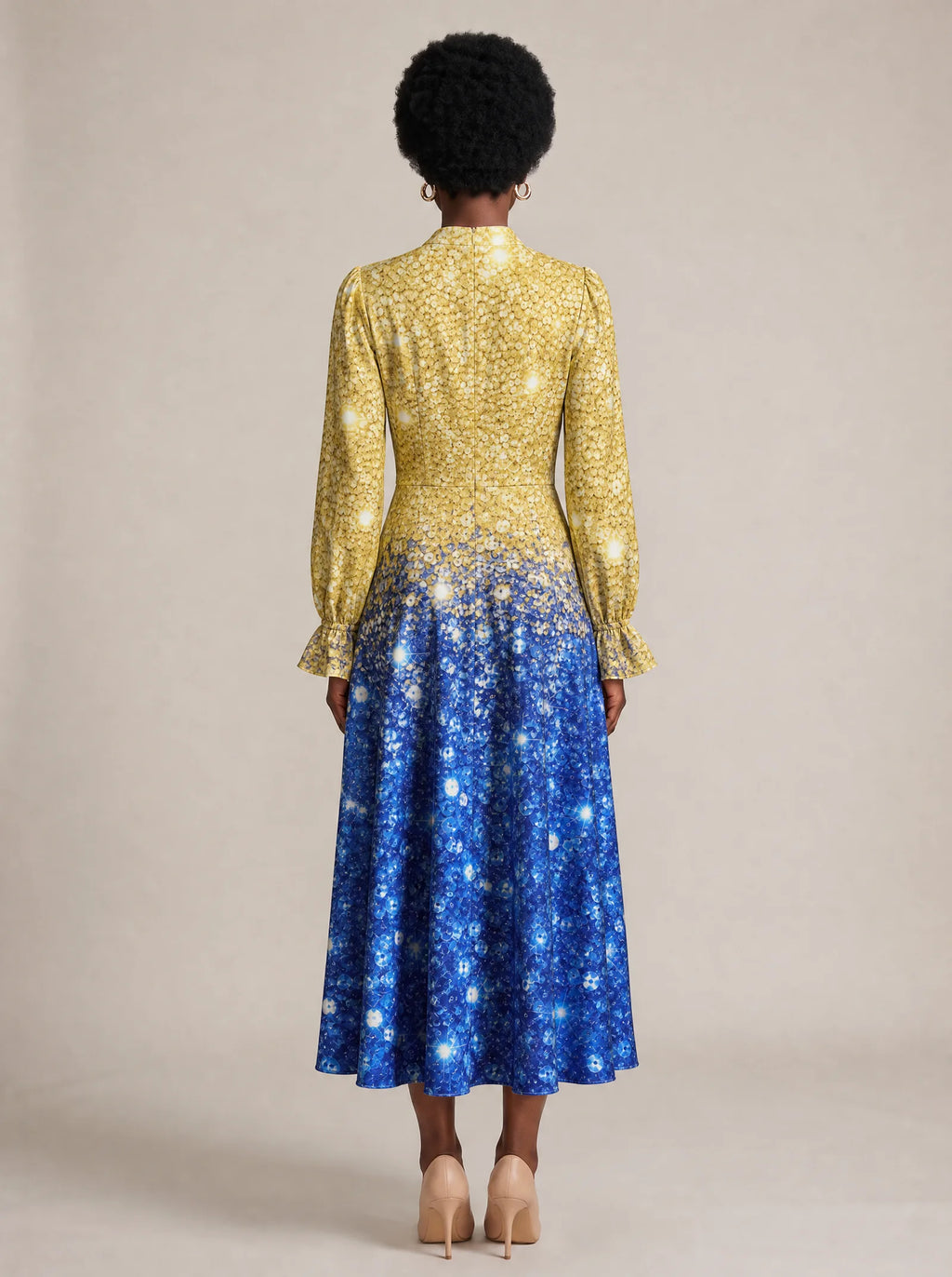 "Angaza" Long Puff Sleeve Dress — back view on model