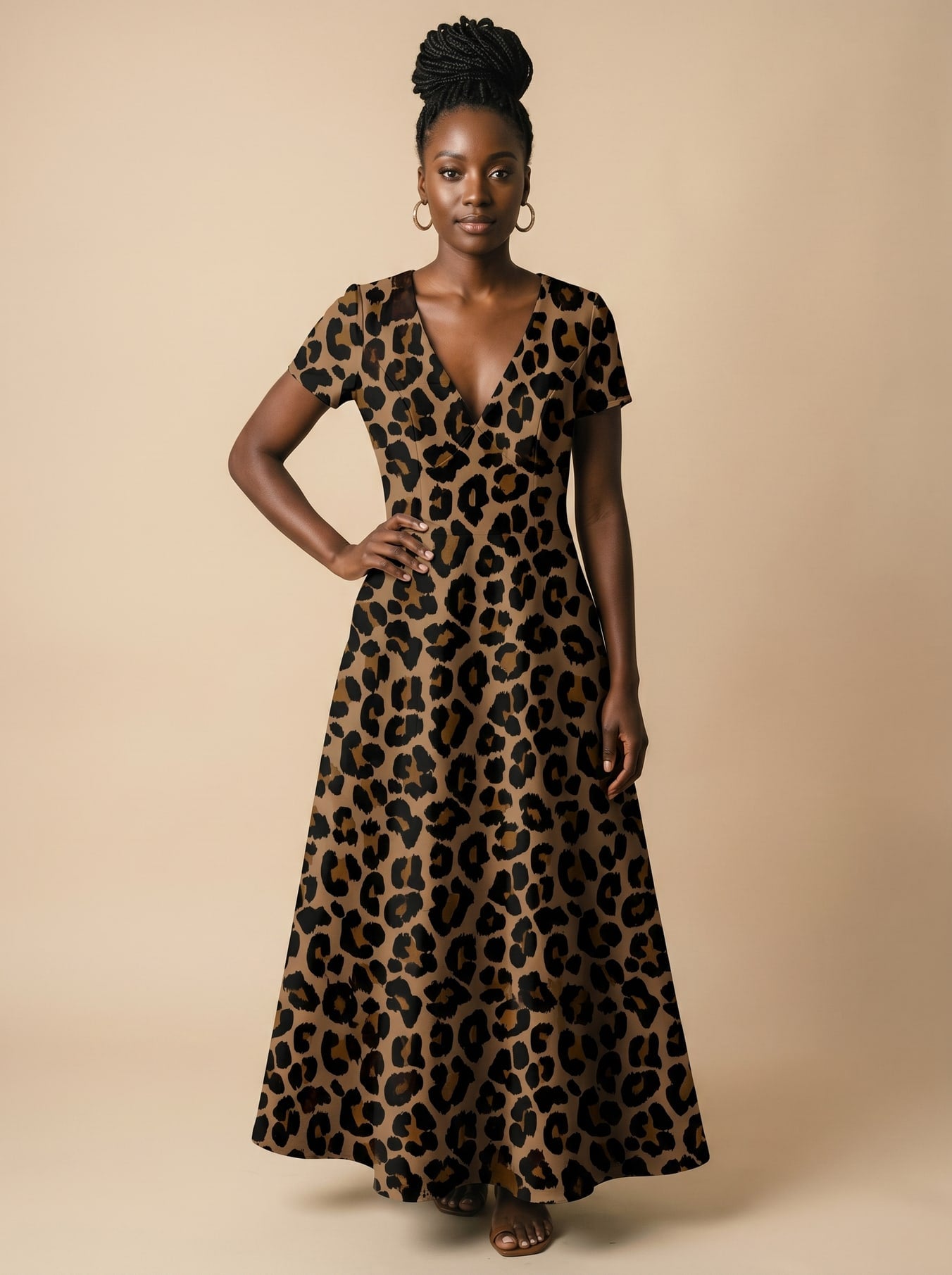"Unstoppable" Brown Leopard Short Sleeve Maxi Dress