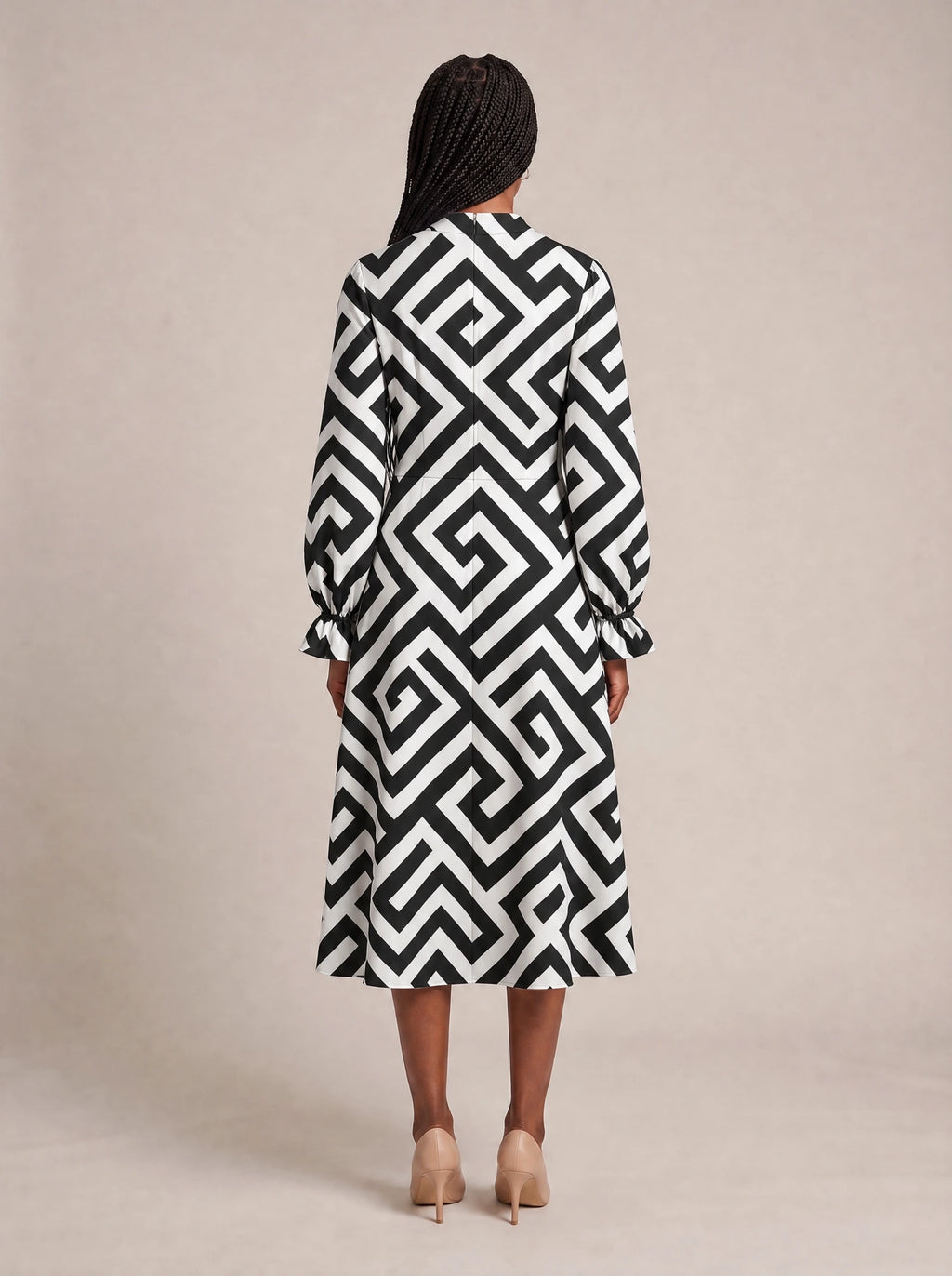 "Zamu" Long Puff Sleeve Dress — back view on model