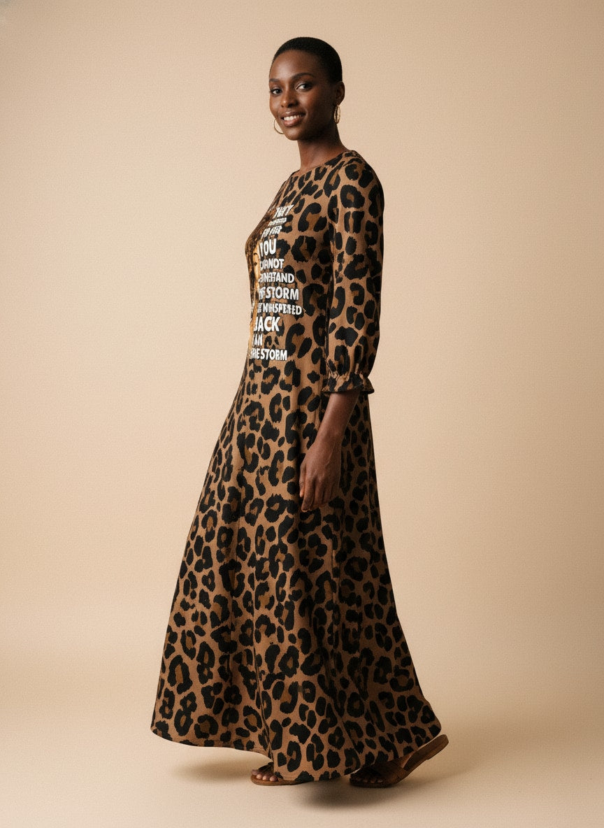 "Unstoppable" Brown Leopard Long Sleeve Maxi Dress