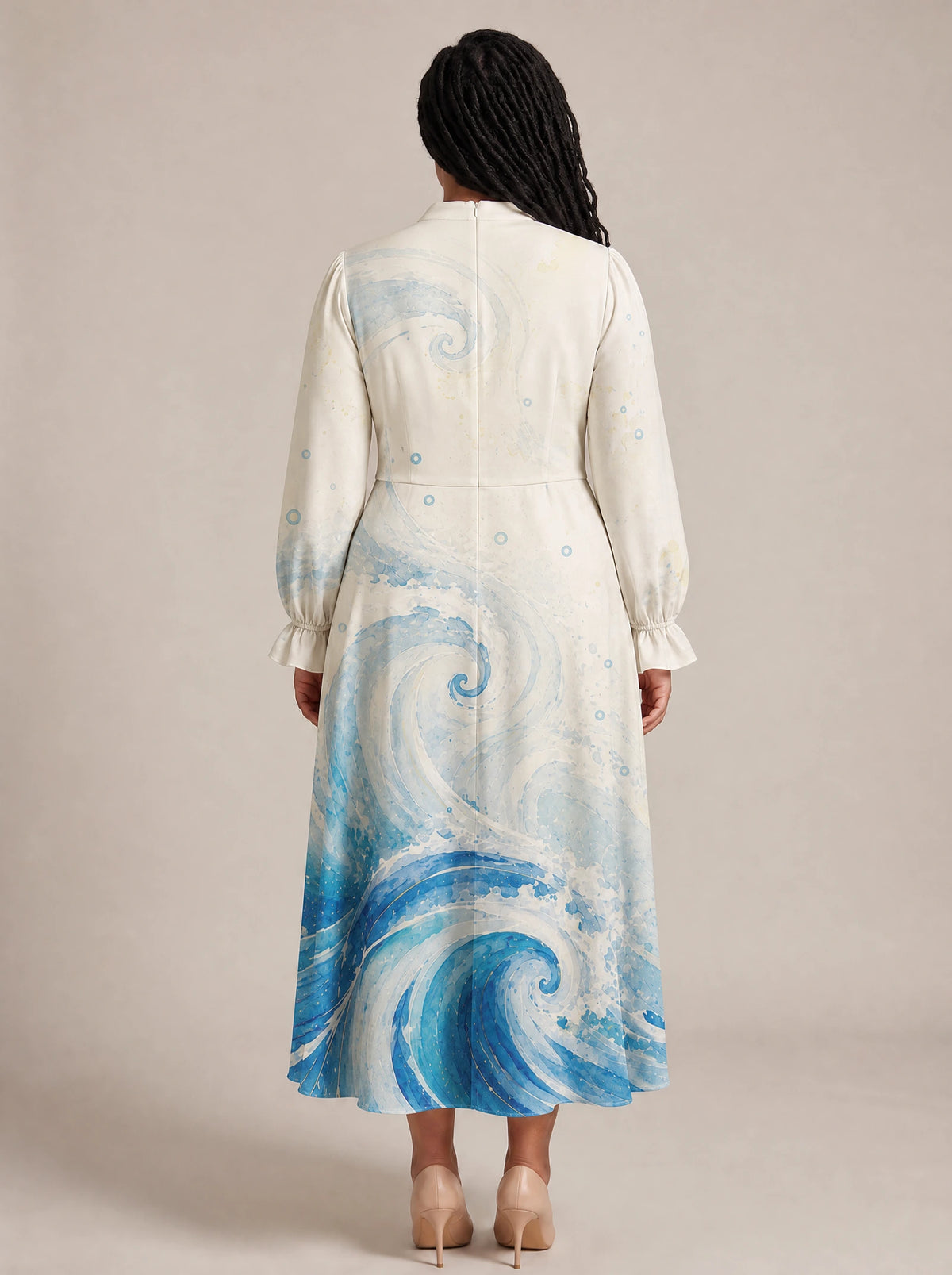 "Samaki" Long Puff Sleeve Dress — back view on model