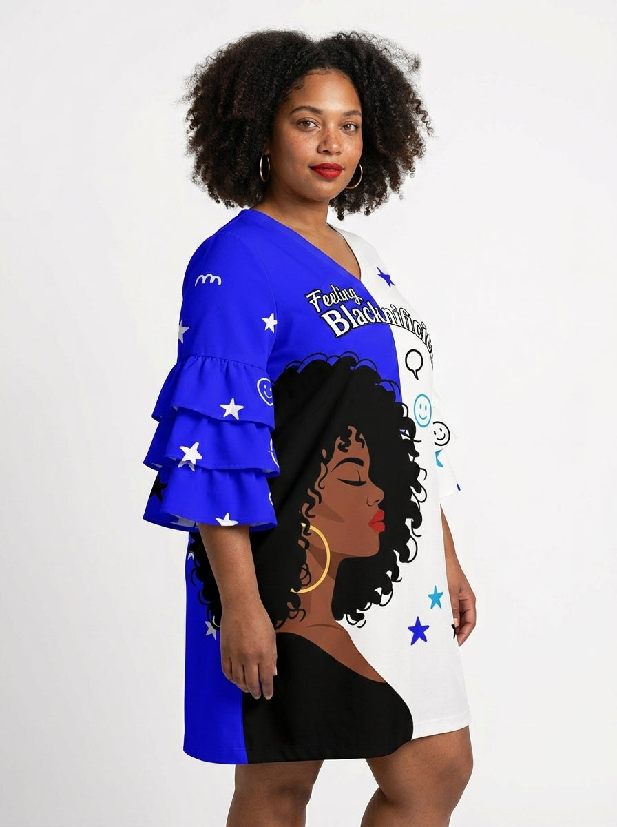 Feeling Blacknificient Blue Stacked Ruffle Sleeve Dress