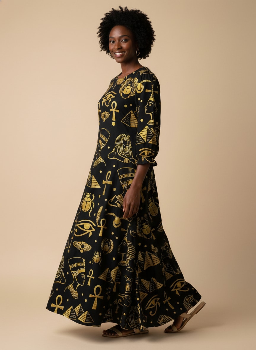 "Nefertiti" Black Gold Long Sleeve Maxi Dress