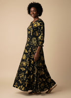 "Nefertiti" Black Gold Long Sleeve Maxi Dress