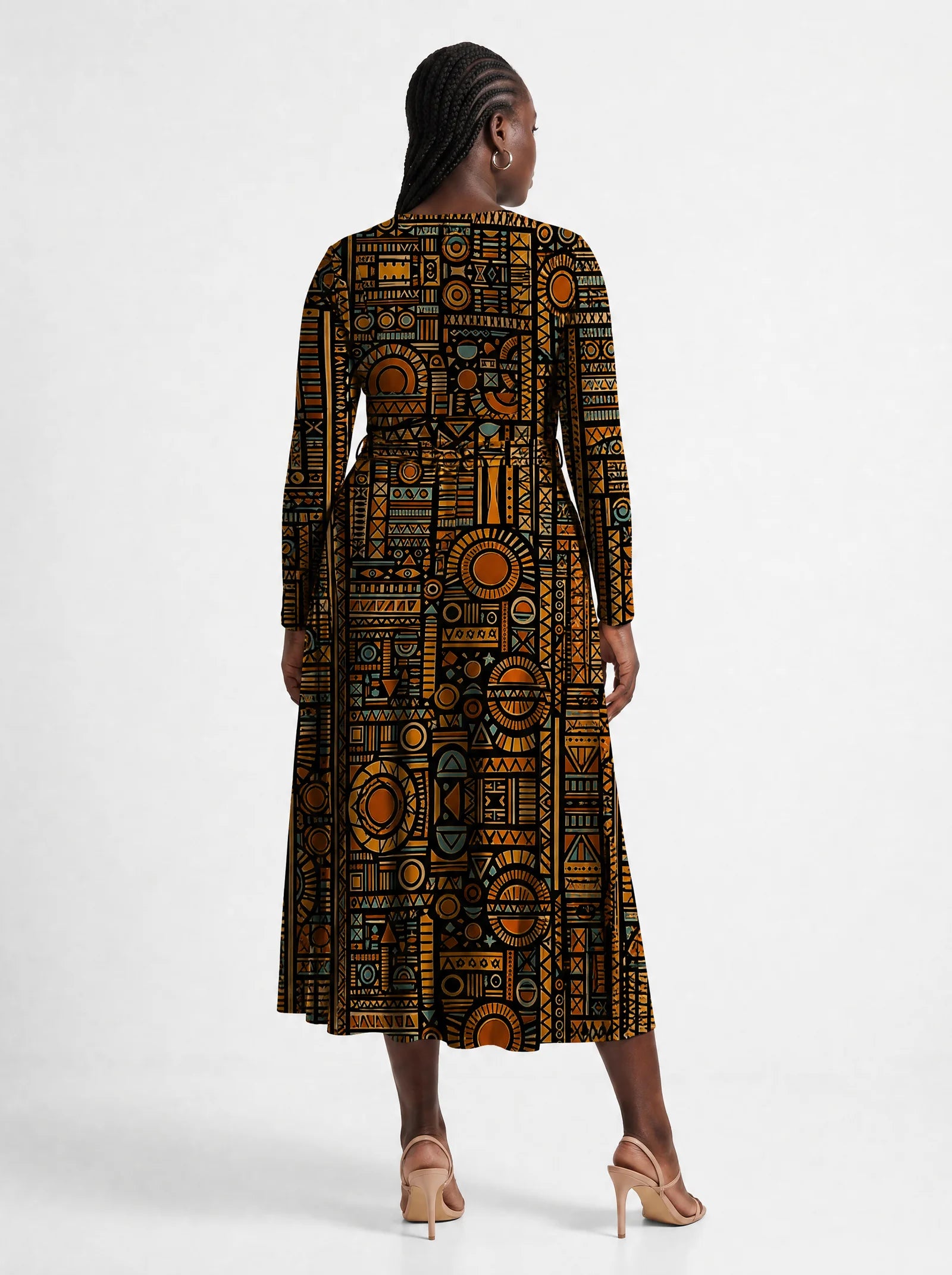 "Afrocentric Pattern" Viscose Midi Dress — back view on model