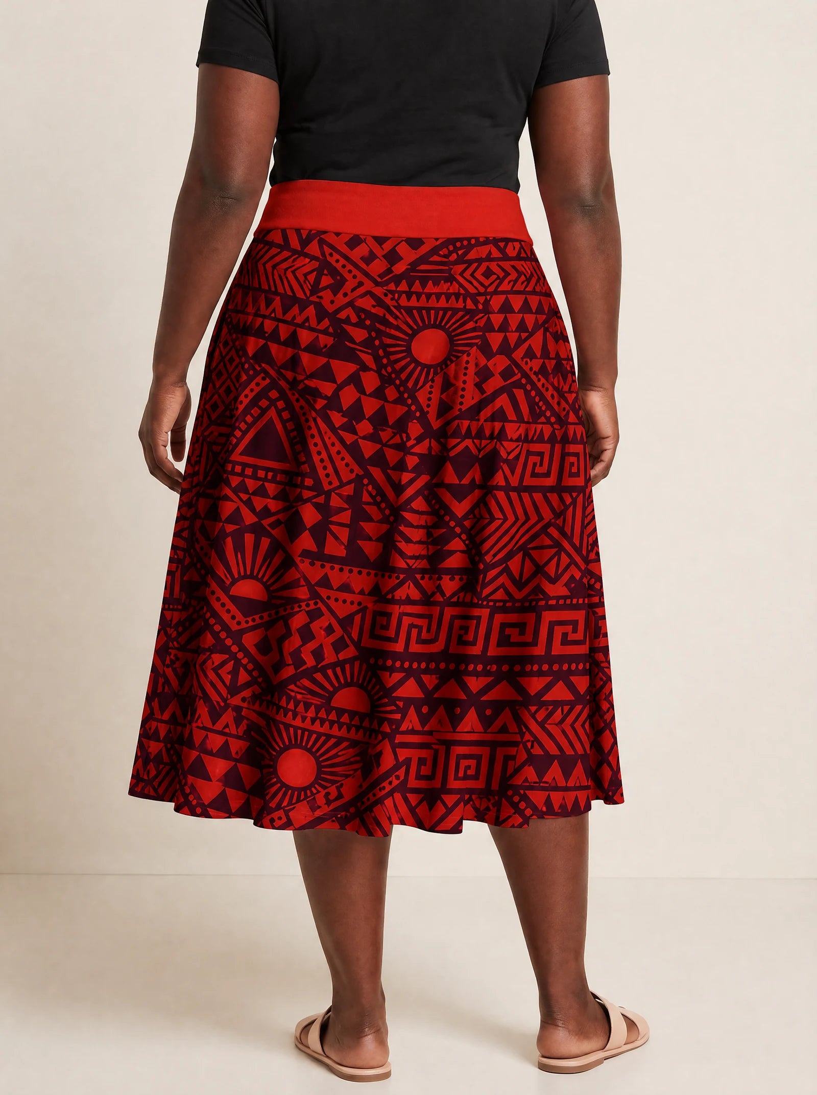 "Shaka Burgundy" Twirl Skirt — cropped back view on model