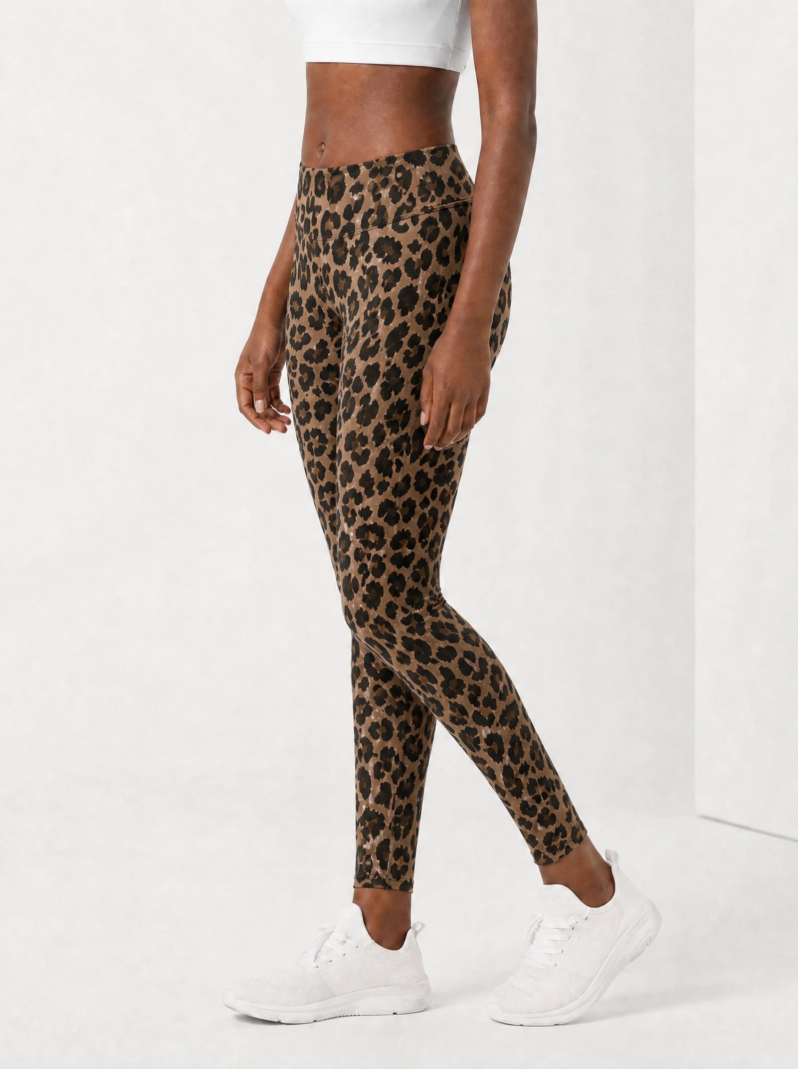 "Unstoppable" Brown Leopard Leggings — side view on model