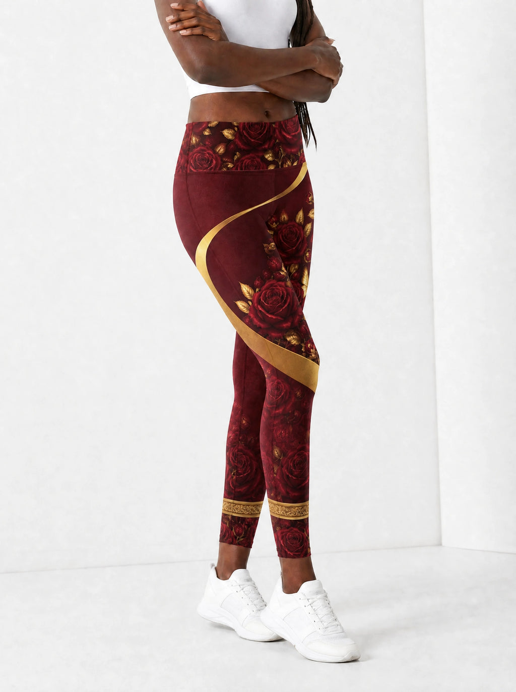 "August Girl Roses" Leggings — side view on model