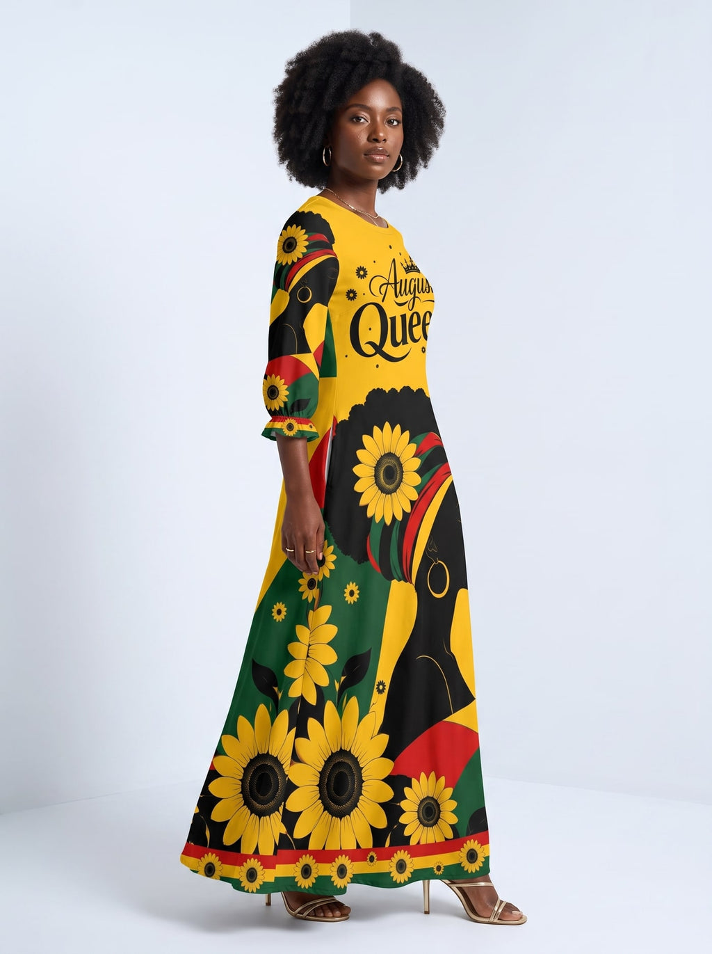 "August Queen Sunflower" Long Sleeve Maxi Dress