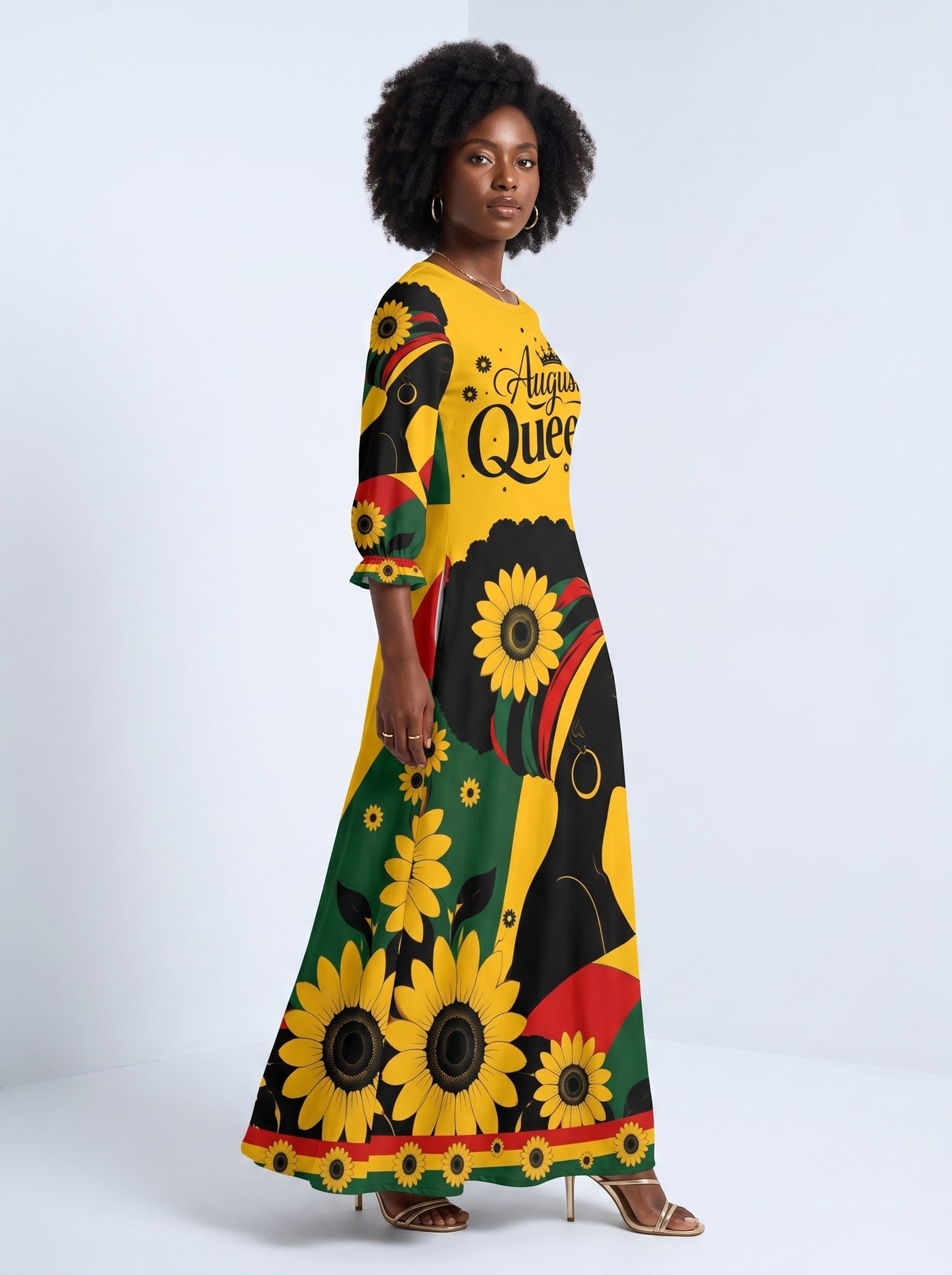 "August Queen Sunflower" Long Sleeve Maxi Dress