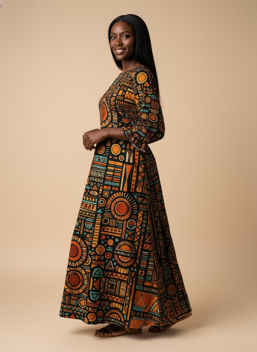 Afrocentric Pattern Long Sleeve Maxi Dress